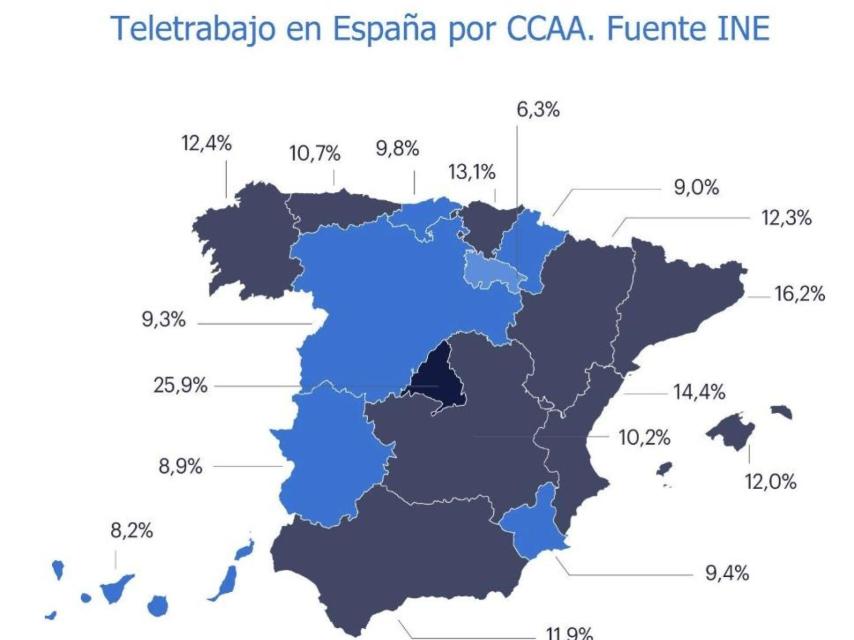 Mapa del teletrabajo en España. Fuente: Randstad.