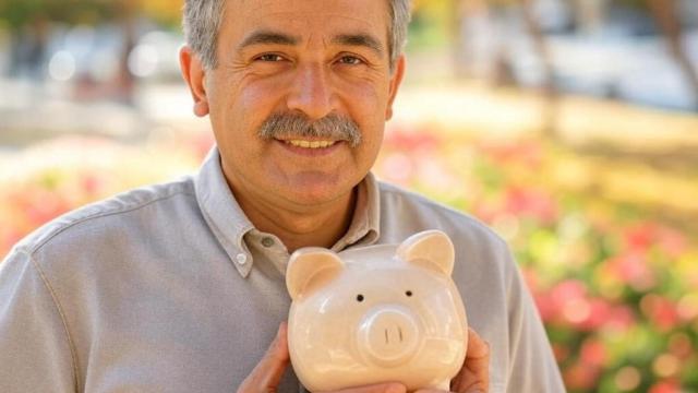 Hombre con una hucha. Imagen de archivo.