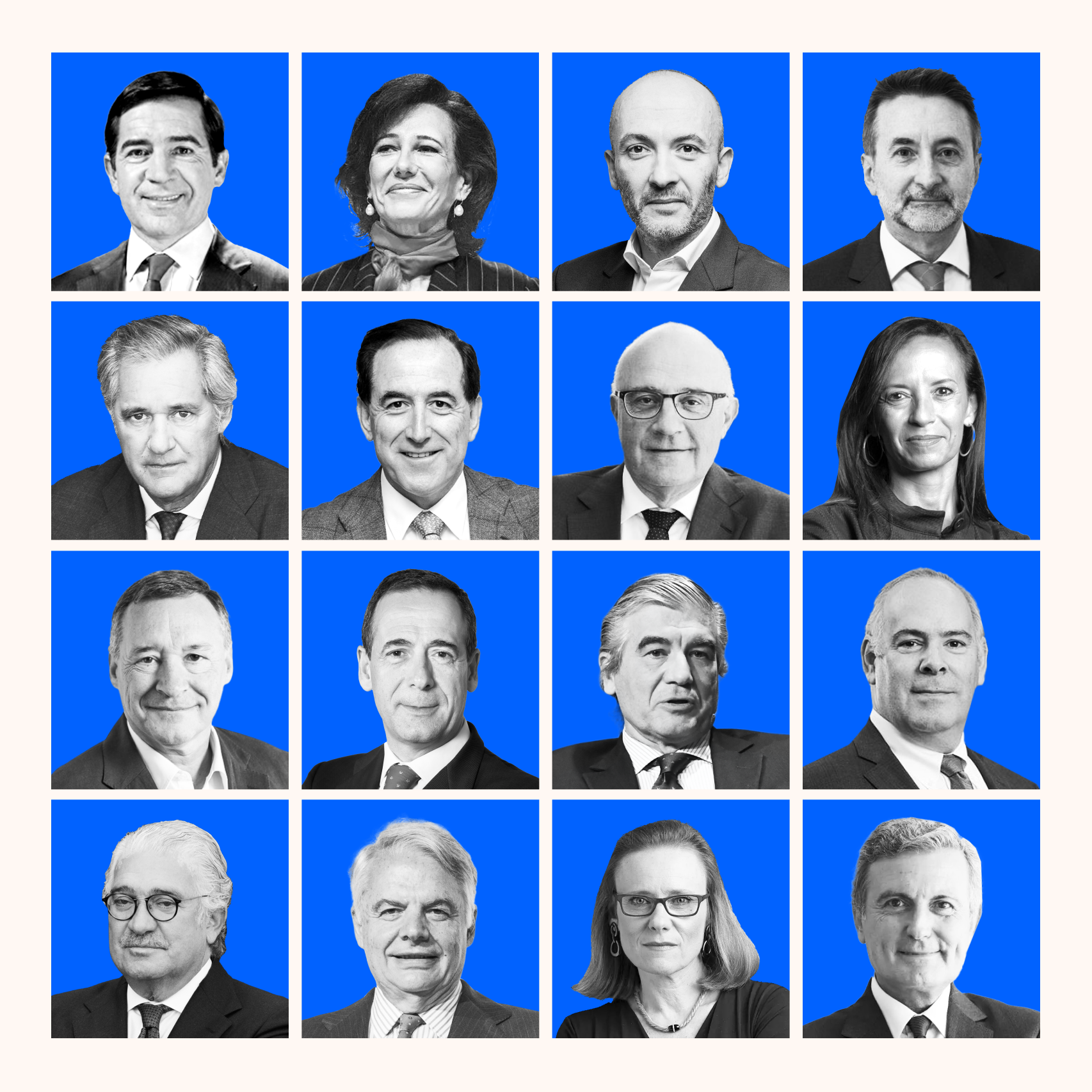 De izda. a dcha. y de arriba a abajo. Carlos Torres, Ana Botín,  García-Maceiras, Josu Jon Imaz, José Manuel Entrecanales; Antonio Huertas; Josep Oliú; Beatriz Corredor; Ángel Simón; Gonzalo Gortázar; Francisco Reynés; Mario Ruiz_Tagle; Belén Garijo y Pedro Saura.