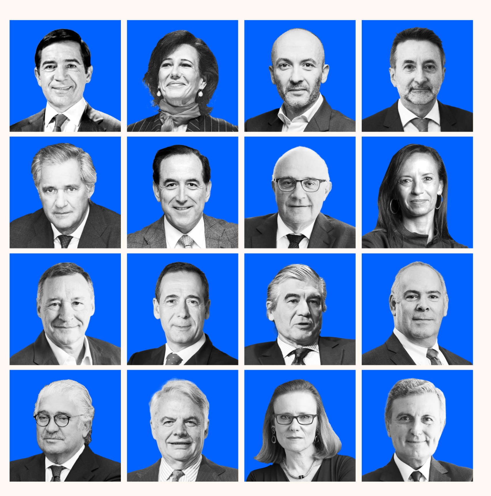 De izda. a dcha. y de arriba a abajo. Carlos Torres, Ana Botín,  García-Maceiras, Josu Jon Imaz, José Manuel Entrecanales; Antonio Huertas; Josep Oliú; Beatriz Corredor; Ángel Simón; Gonzalo Gortázar; Francisco Reynés; Mario Ruiz_Tagle; Belén Garijo y Pedro Saura.