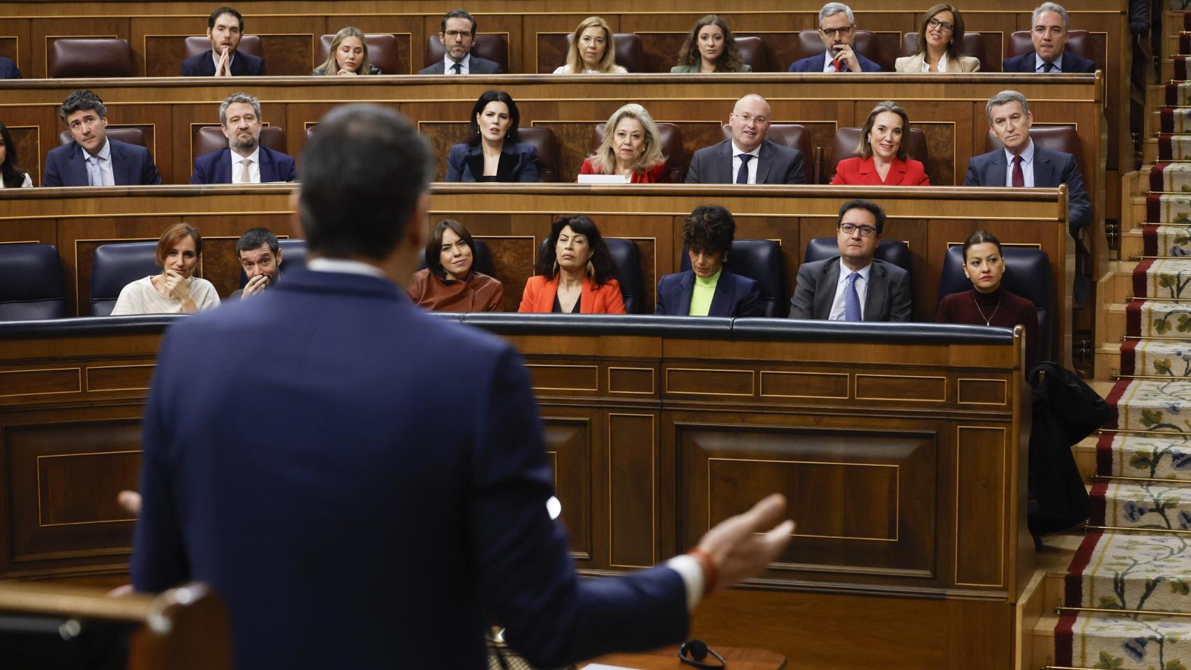 Pedro Sánchez, de espaldas, responde a Alberto Núñez Feijóo en la sesión de control al Gobierno en el Congreso.