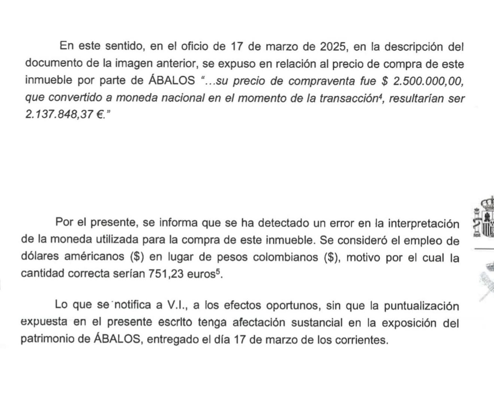 Escrito enviado por la UCO al Supremo admitiendo el error.