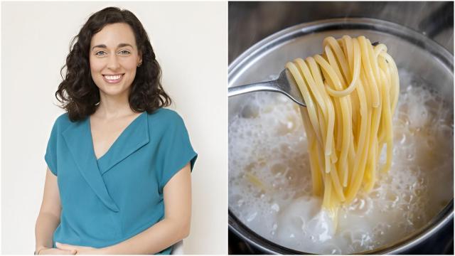 Un montaje en el que aparece la nutricionista Júlia Farré junto a una olla con espaguetis.