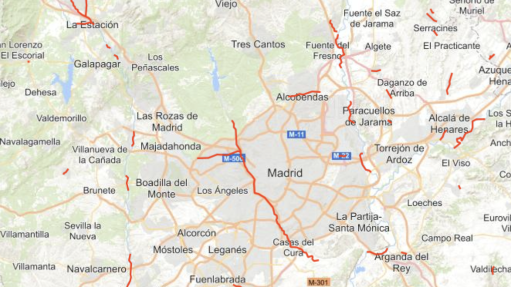 En rojo las áreas con riesgo potencial significativo de inundación de Madrid.