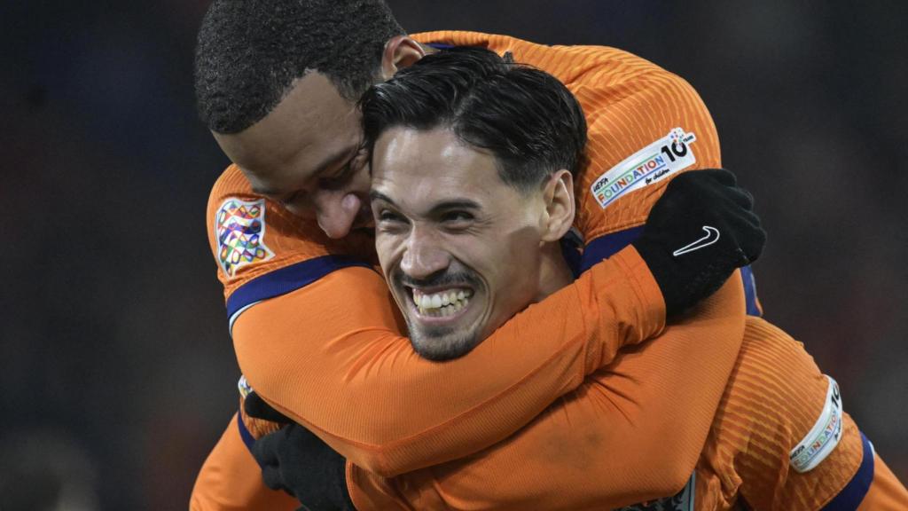 Reijnders, felicitado por su gol ante España.