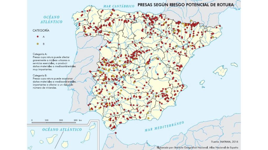 Mapa de presas por categorías en función del riesgo potencial en caso de ruptura.
