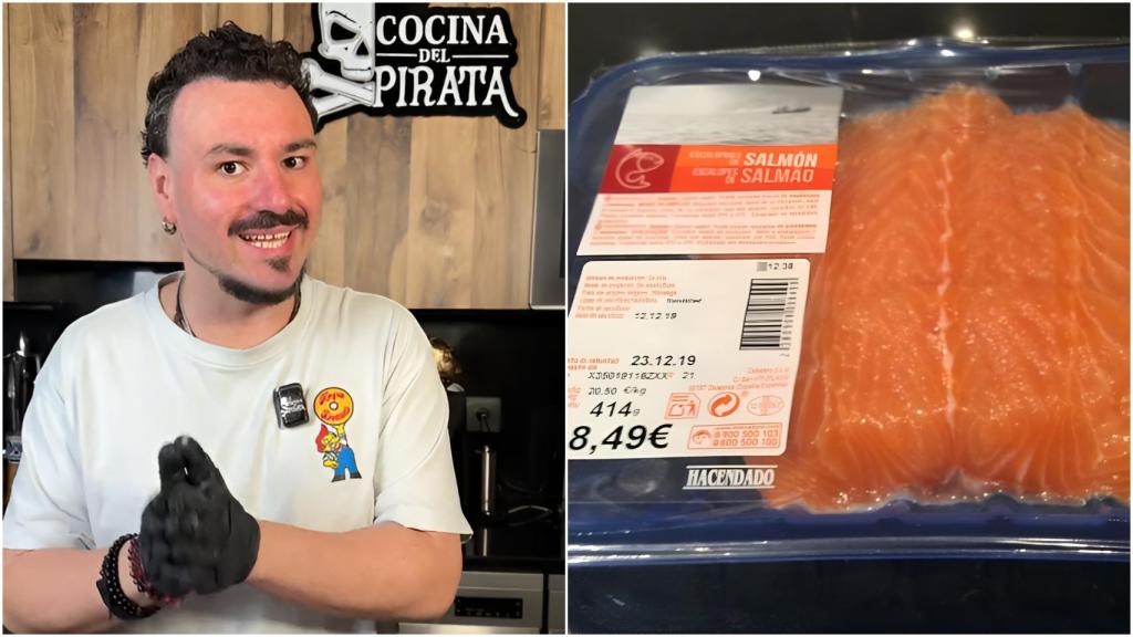 Un montaje con el cocinero Sergio Enciso y, a su lado, una bandeja de salmón fresco fileteado.