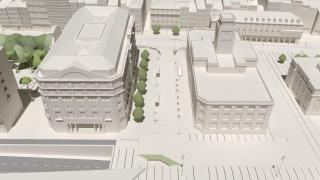 Recreación de la calle Manuel Casas tras la reforma de los Cantones, destinada a los buses metropolitanos.