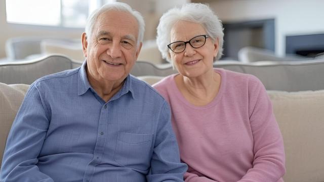 Imagen de archivo de dos personas mayores junto a un perro.