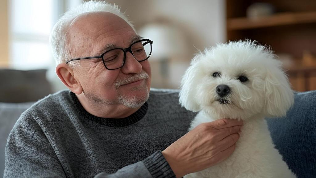 Imagen de archivo de un anciano con un Bichón Maltés.