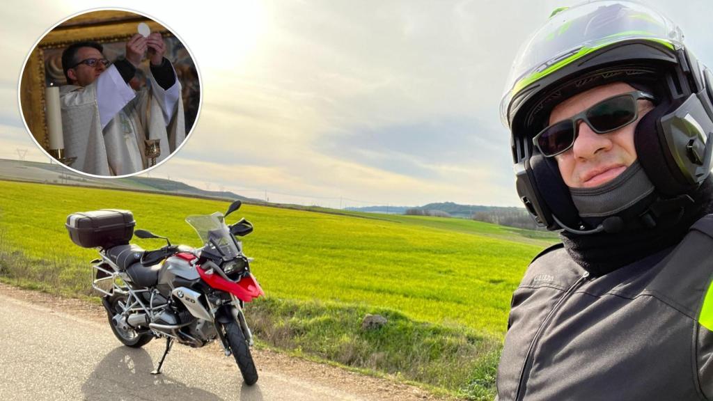 Alfredo Lanchero, en una imagen junto a su moto y en otra dando misa