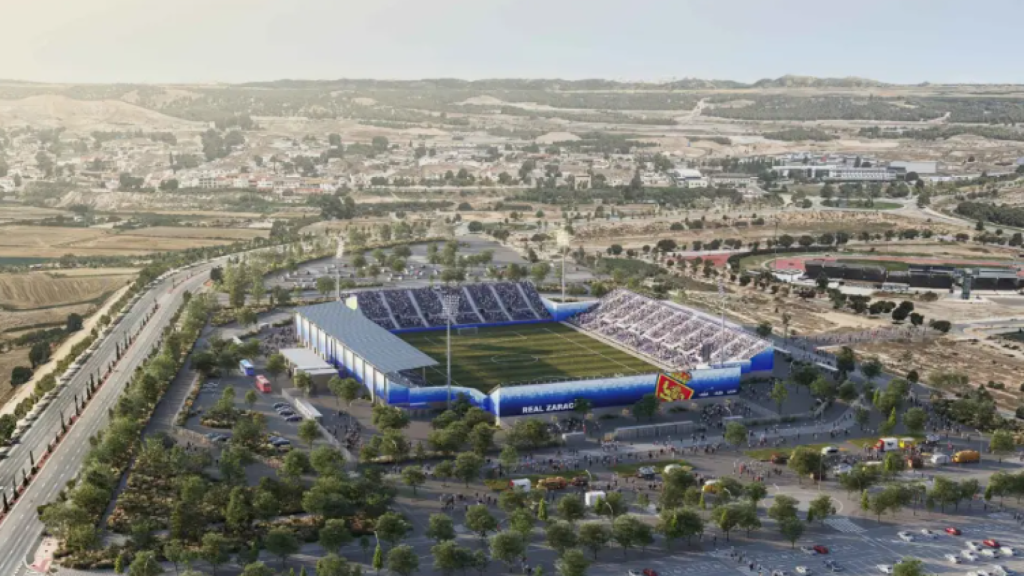 Recreación del estadio modular en parking Norte, otro ejemplo de edificios de 'quita y pon'.