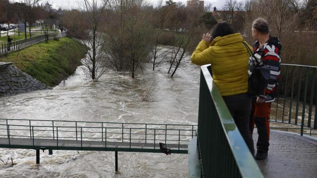 Dos personas observan en caudal del río Manzanares este viernes en Madrid.