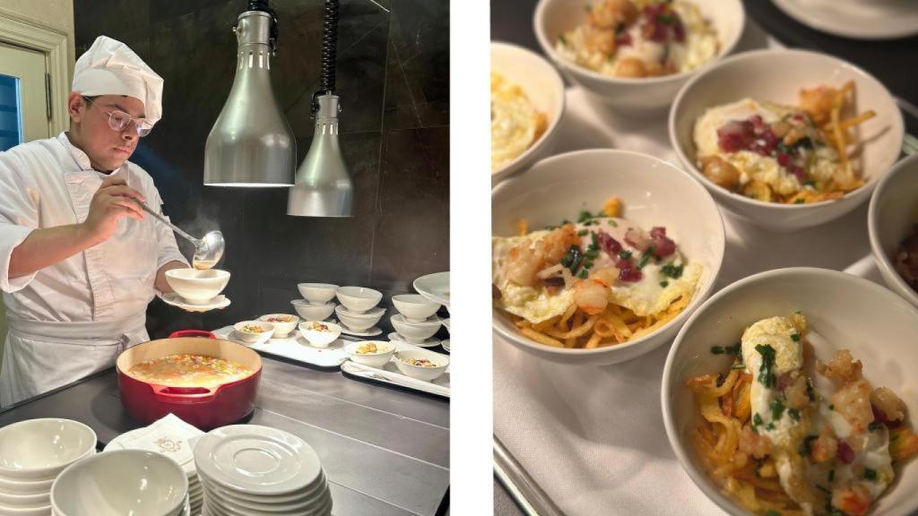 Escudella y huevos estrellados con gambas, parte de los entrantes que se sirven en el brunch.