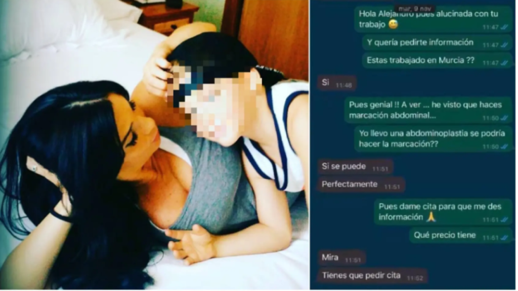 Sara, acariciando a su hijo, Izan, y al lado, la conversación de WhatsApp que mantuvo con el cirujano.