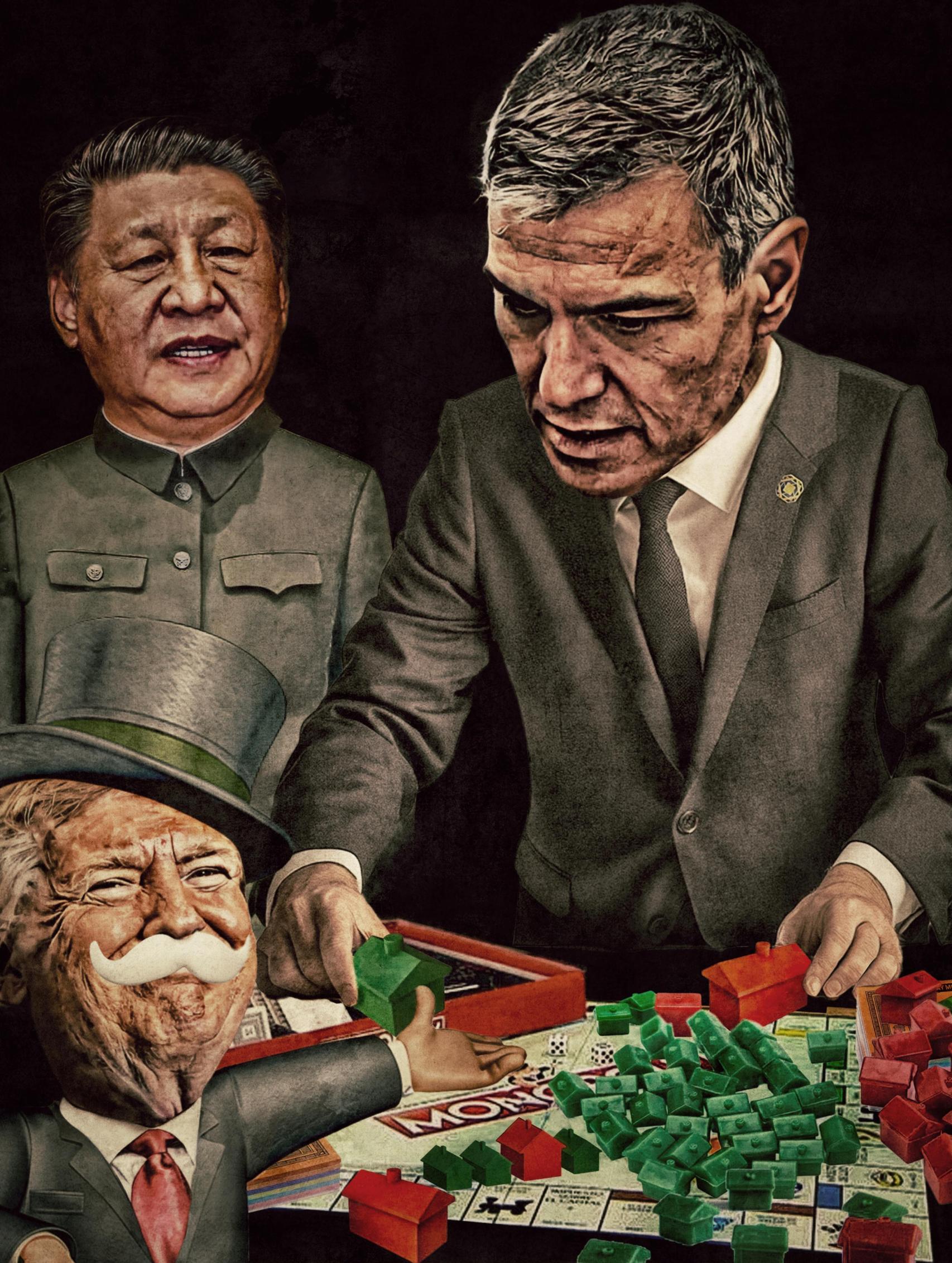 Xi Jinping, con Pedro Sánchez y Trump caracterizado como el personaje del Monopoly