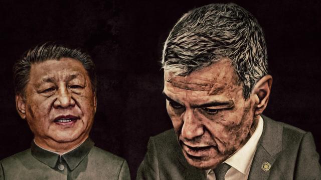 Xi Jinping, con Pedro Sánchez y Trump caracterizado como el personaje del Monopoly