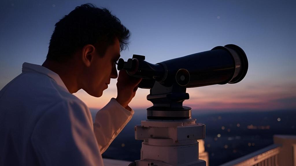 Imagen de archivo de un astrónomo con un telescopio.
