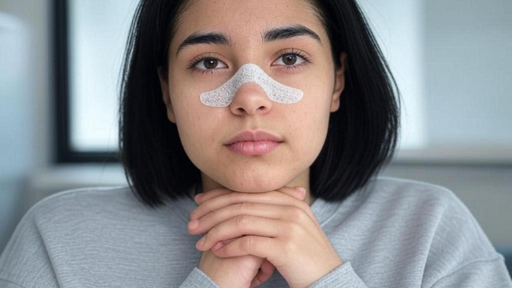 Mujer con tiras faciales en la nariz.