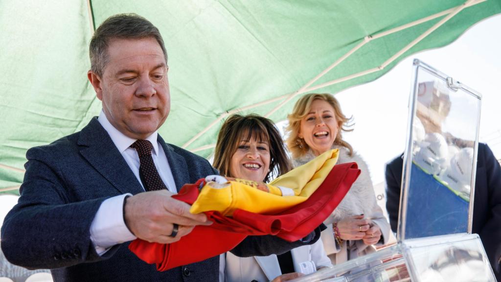 Emiliano García-Page, este lunes en Mota del Cuervo (Cuenca).