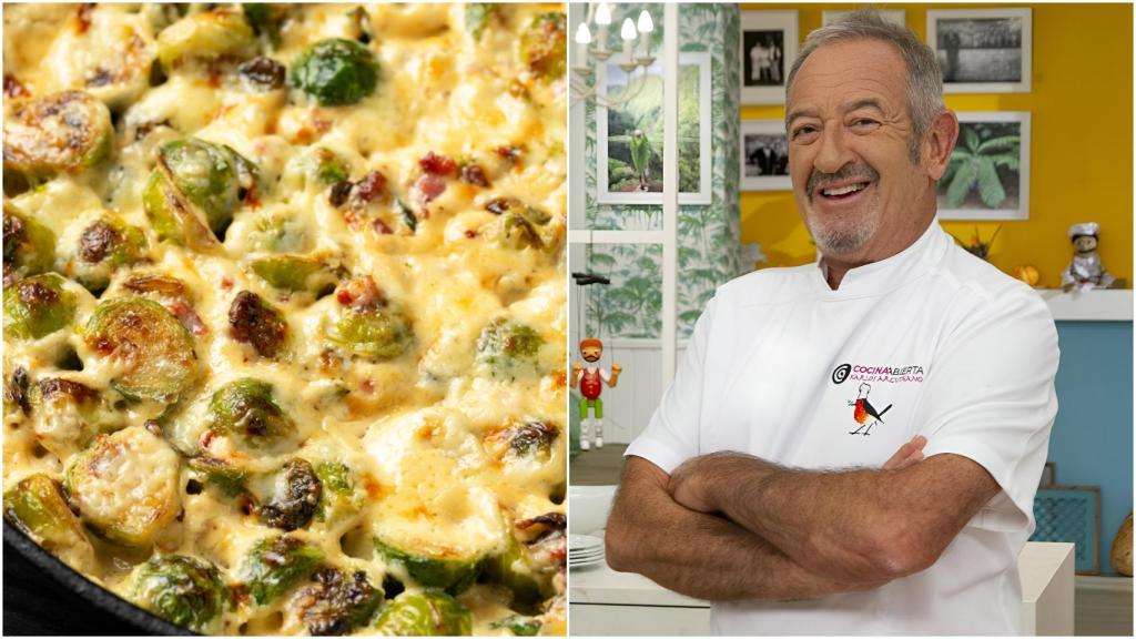 Un plato de coles de Bruselas junto a una imagen de Karlos Arguiñano.