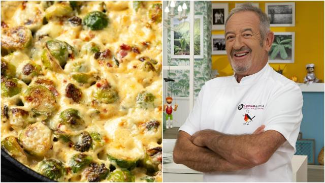 Un plato de coles de Bruselas junto a una imagen de Karlos Arguiñano.