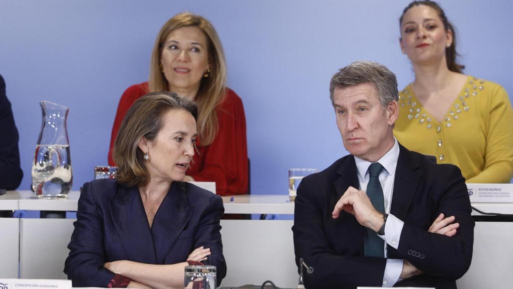 Cuca Gamarra y Núñez Feijóo, en la reunión de la dirección del PP, este lunes en Madrid.