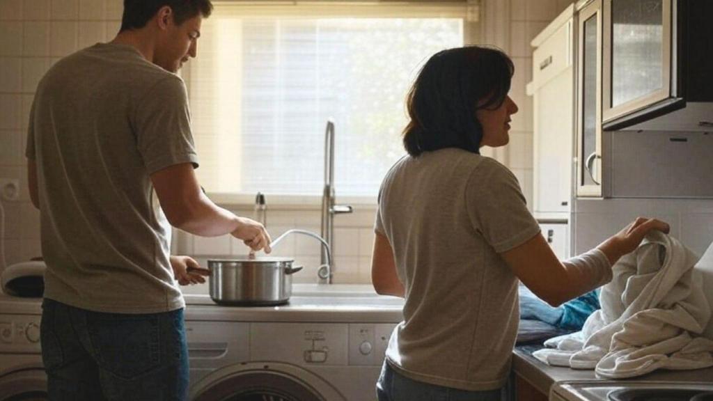 Pareja cocinando y utilizando la lavadora.