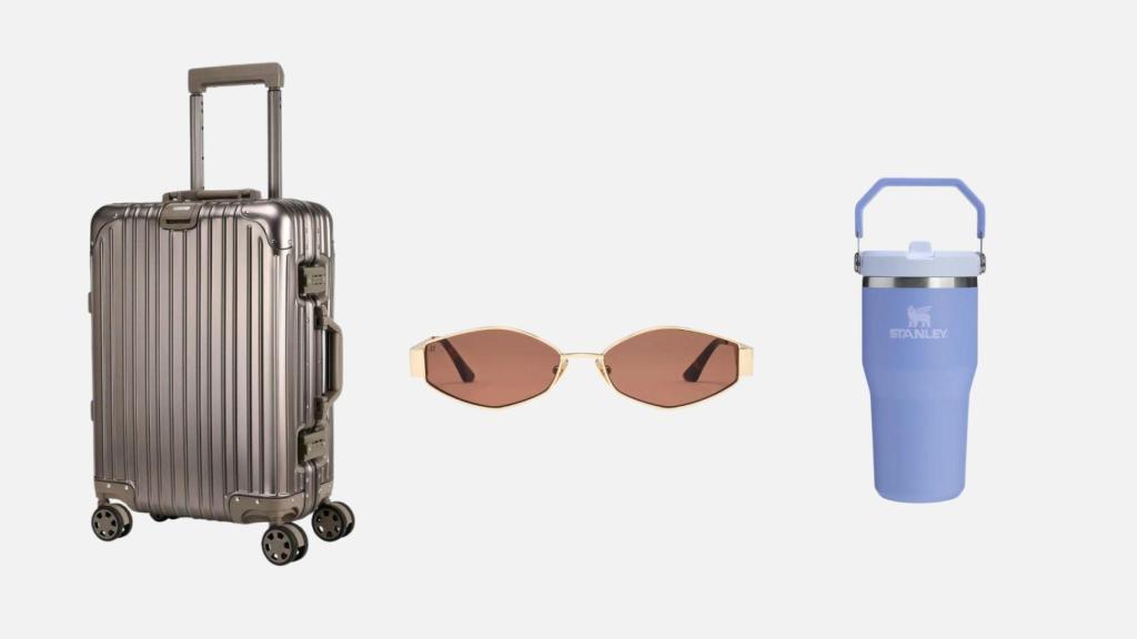 De izquierda a derecha: maleta de cabina Paris de Greenwich; gafas de sol La Iris de Jimmy Fairley; termo con asa abatible Iceflow de Stanley