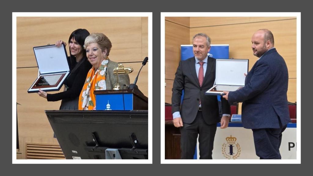 A la izquierda, Marta del Amo recibe el premio de la presidenta del Instituto de la Ingeniería de España; a la derecha, Raúl Vilas, director de Libertad Digital, junto a Sergio Domínguez, director de la Escuela Técnica Superior de Ingenieros Industriales de la Universidad Politécnica de Madrid.