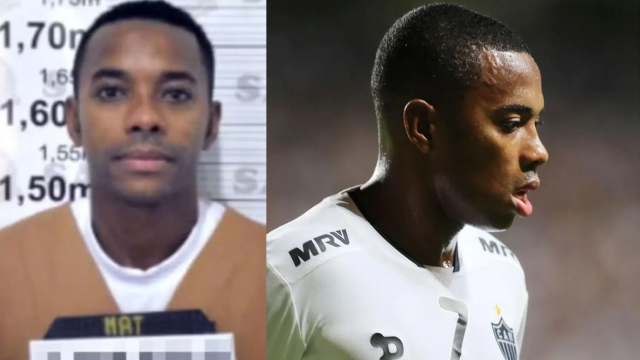 Robinho, en un fotomontaje de su época como jugador y la imagen de su ficha policial