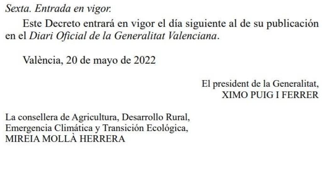 Decreto sobre las praderas de posidonia firmado como Ximo Puig (PSOE) y Mireia Mollà (Compromís).