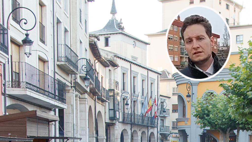 Antonio Linaje, alcalde de Aranda y el Ayuntamiento de fondo