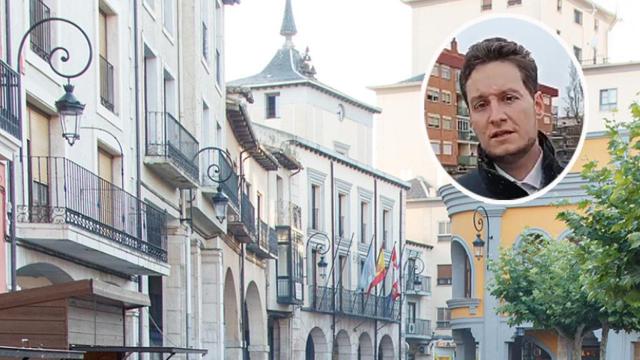 Antonio Linaje, alcalde de Aranda y el Ayuntamiento de fondo