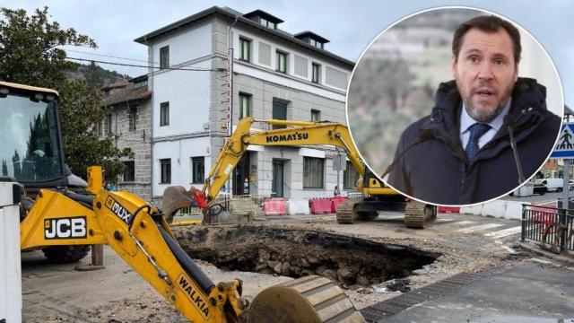 El socavón de San Rafael y el ministro de Transportes y Movilidad Sostenible, Óscar Puente, en un montaje de EL ESPAÑOL