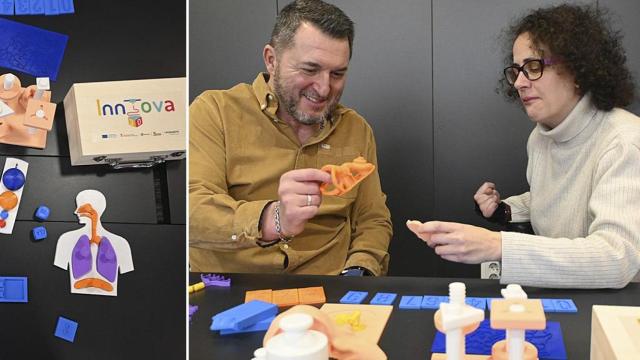 Francisco Sardón, director ejecutivo, y Raquel Benito, trabajadora de Aspaym CyL, con piezas del proyecto ‘Innova 3D: discapacidad, docencia y desarrollo’.