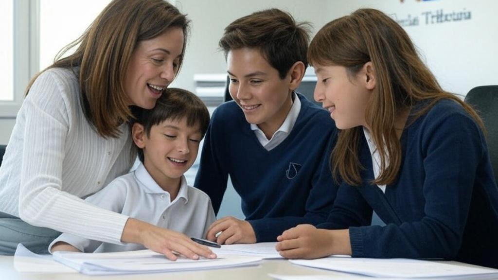 Madre y sus hijos en las oficinas de Agencia Tributaria.
