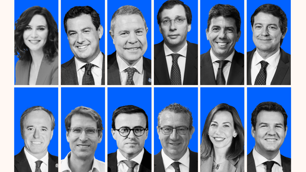 Ayuso, Moreno, Page, Mazón, Mañueco,  Azcón, Capellán,  Gallardo, Pérez, Almeida, Chueca y  De la Uz.