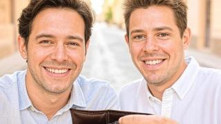 Hombres sonriendo sujetando una cartera.