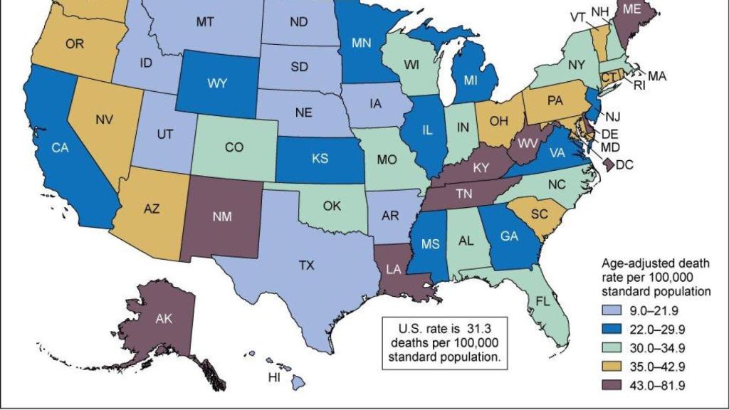 Tasa de muertes por sobredosis de drogas ajustada por edad en Estados Unidos, por estado: 2023