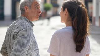 Dos personas conversando en Sevilla.