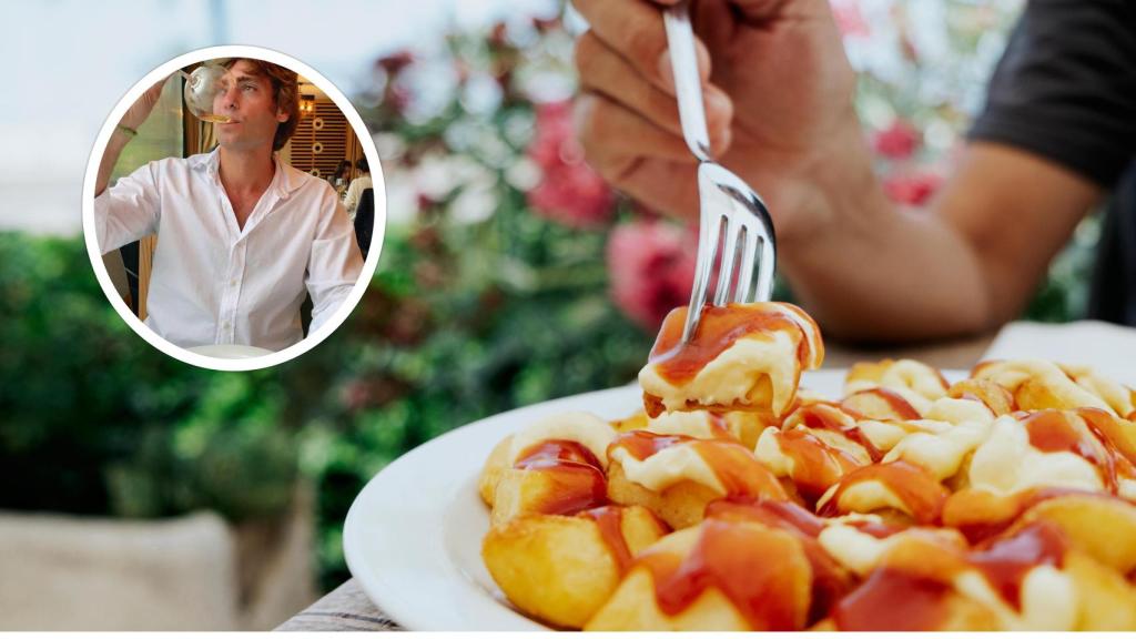 Un plato de patatas bravas junto a la imagen de Pablo Lázaro