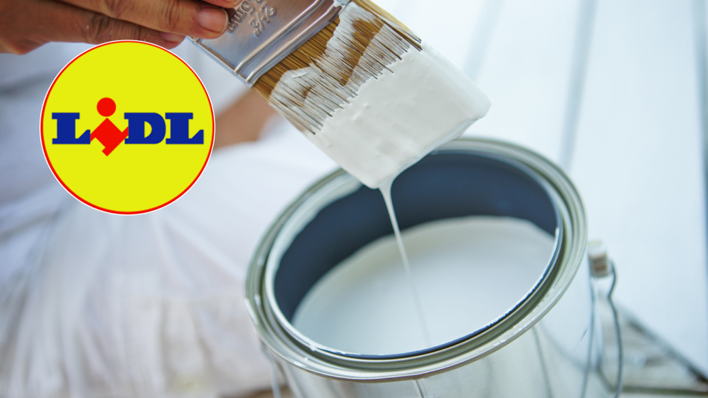 Una brocha con pintura blanca y logo de Lidl.