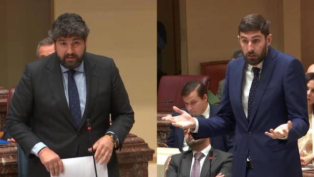 Fernando López Miras (i) y José Ángel Antelo (d), intervienen este miércoles en la sesión plenaria de control al Consejo de Gobierno de la Región de Murcia.