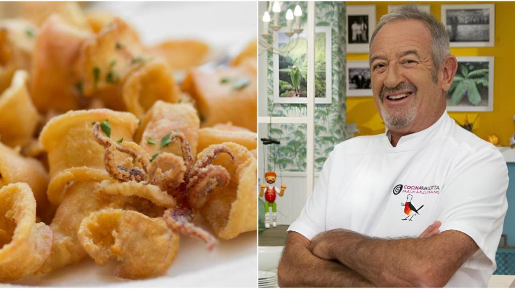 Montaje con unos calamares fritos recién hechos y, al lado, una imagen del chef Karlos Arguiñano.