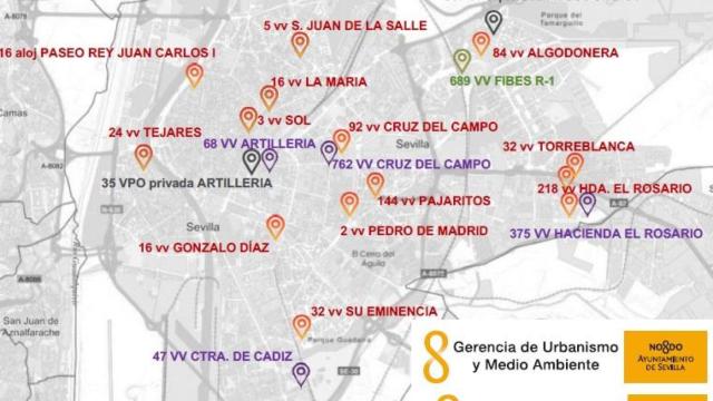 Mapa de la vivienda protegida en Sevilla.
