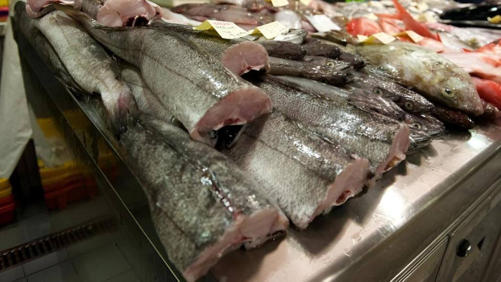 Varias piezas de merluza expuestas en una pescadería.