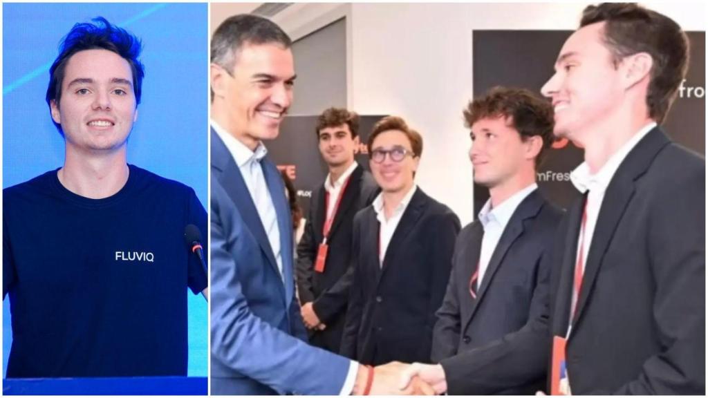 Santiago Rodrigo durante una conferencia en Shanghái y saludando a Pedro Sánchez.