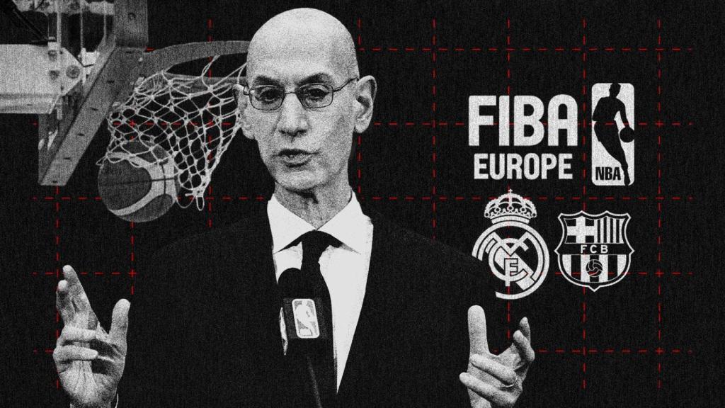 Adam Silver, comisionado de la NBA, con los logos de la NBA y de FIBA Europa y los escudos de Real Madrid y FC Barcelona en un fotomontaje.
