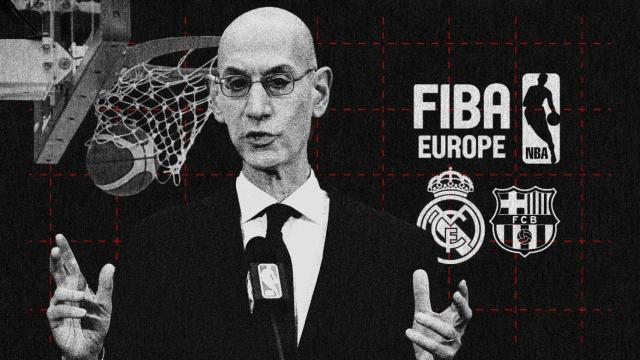 Adam Silver, comisionado de la NBA, con los logos de la NBA y de FIBA Europa y los escudos de Real Madrid y FC Barcelona en un fotomontaje.